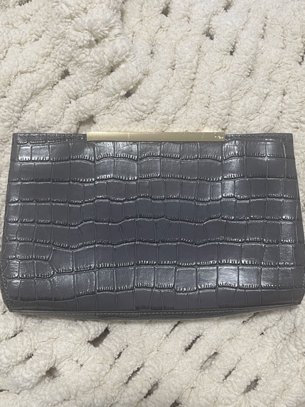 Croc-Embossed Gray Leather Clutch with Gold Accent